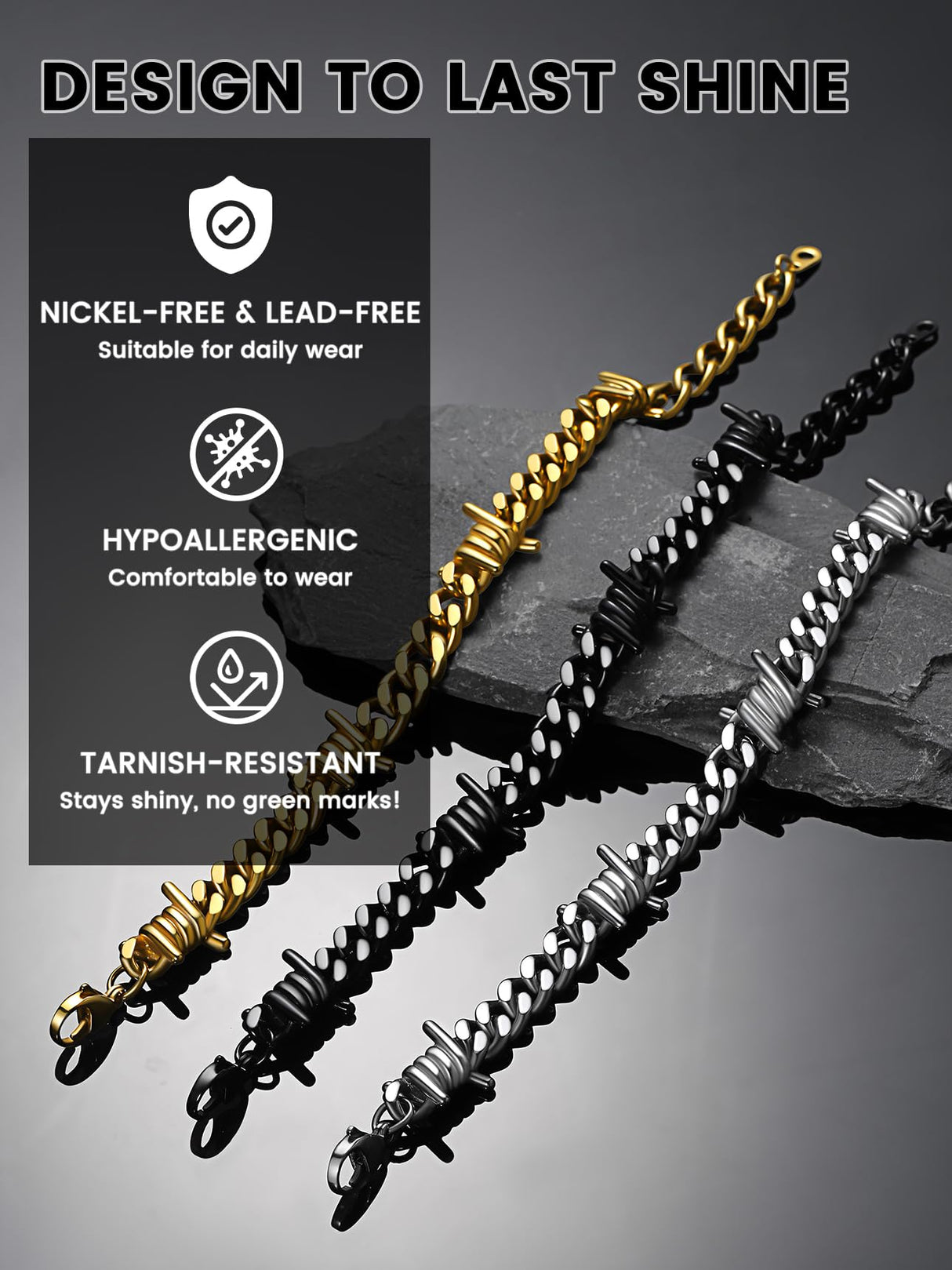 Bestyle Stainless Steel Barbed Wire Bracelets 9mm Thick Heavy Men Hand Chain Unisex Silver Cuban Chain Bracelet Punk Gothic Bracelets for Men Women