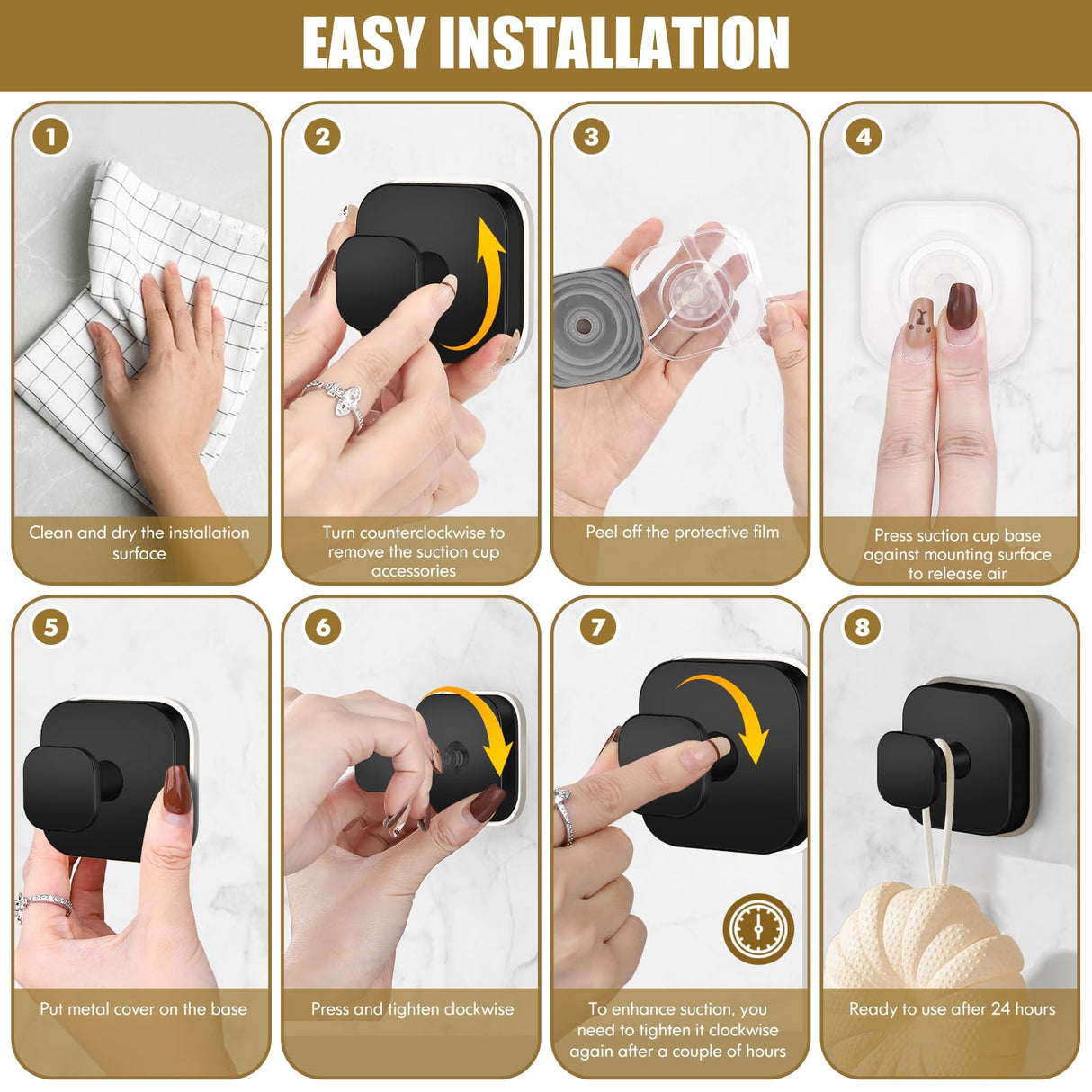 BKV Suction Cup Hooks for Shower,Heavy Duty Shower Hooks for Bathroom Wall,Glass Windows,Smooth Doors to Hang Towels,Robes,Coat,Reusable Suction Cup Wreath Hanger for Christmas Wreaths-Black(4 Pack)