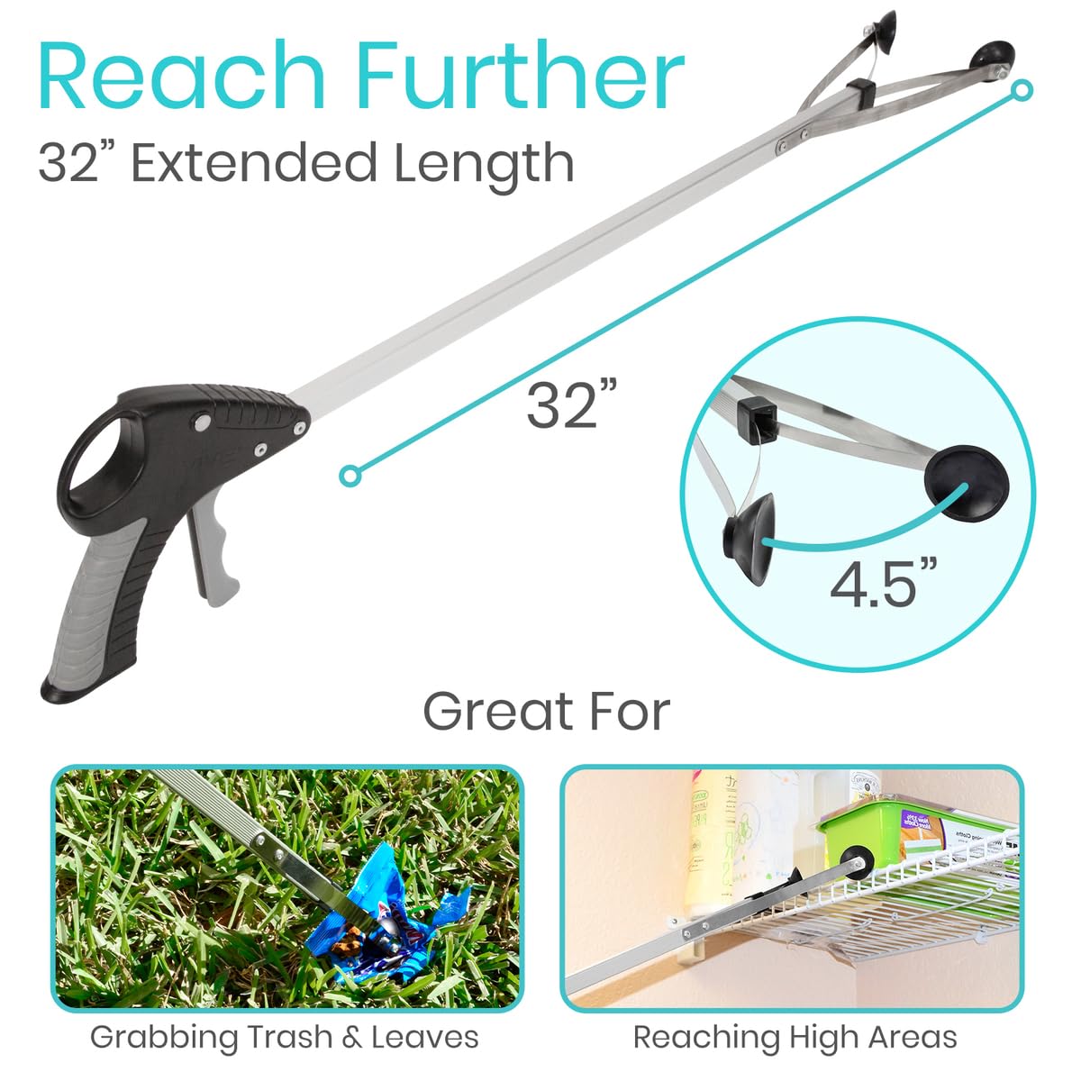 Vive Suction Cup Grabber Reacher 32" - Elderly Grab It Reaching Pickup Tool Heavy Duty for Seniors - Trash, Sticks, Litter Picker Upper - Extra Long Reach Handle & Handy Extension Arm Claw