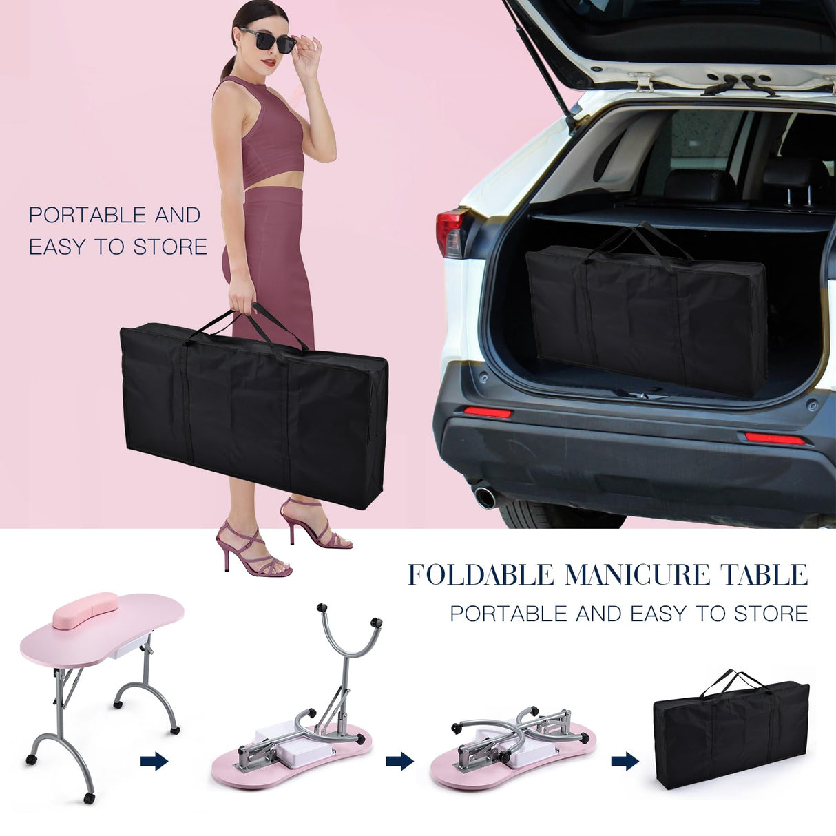 Joligrace Professional Foldable & Portable Manicure Table Nail Technician Desk Workstation 4 Lockable Wheels with Drawer Client Wrist Pad Free Carrying Bag Travel Nail Tech Spa Beauty Table Pink