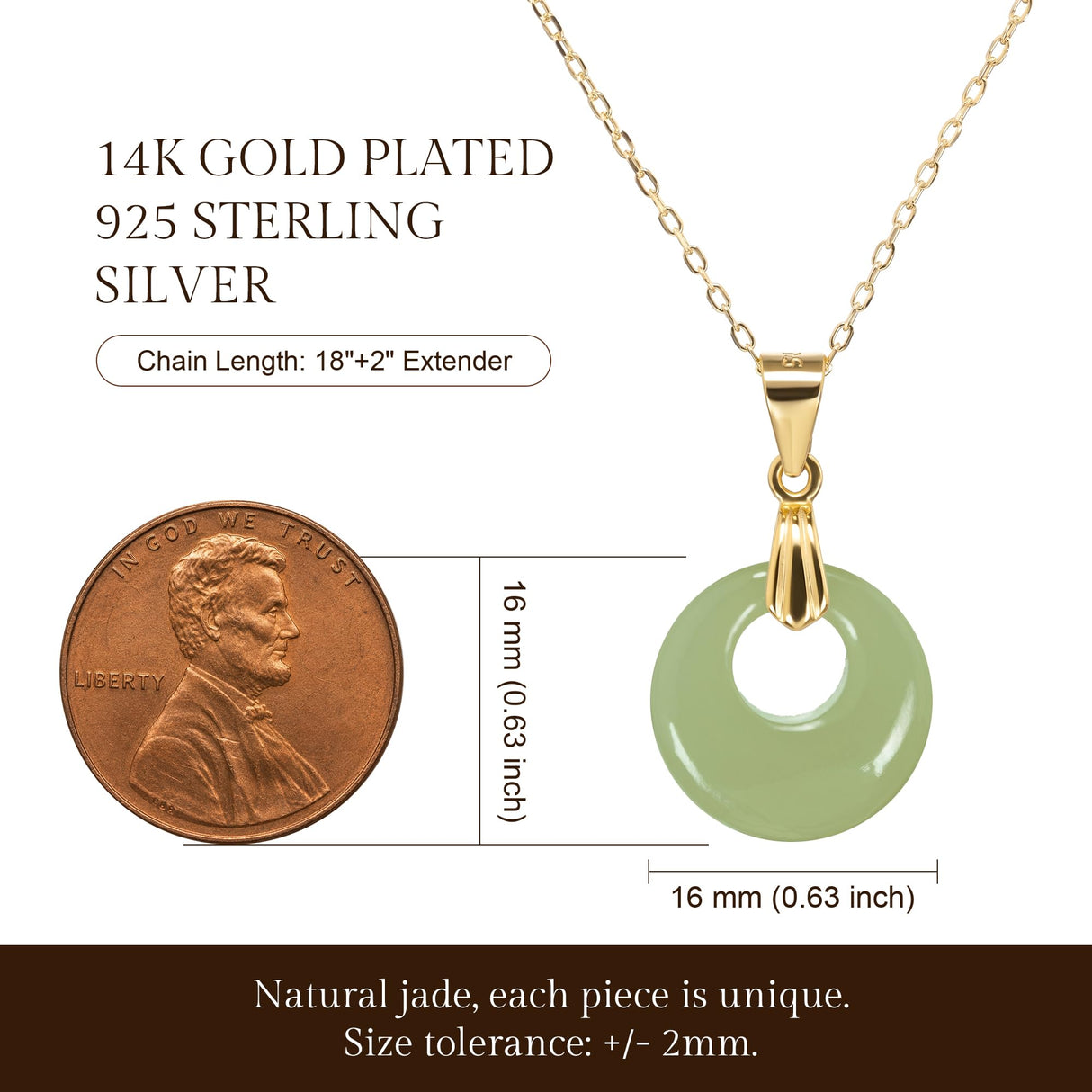 keenove 925 Silver Real Jade Necklace, Green Circle Pendant 14k Gold Plated