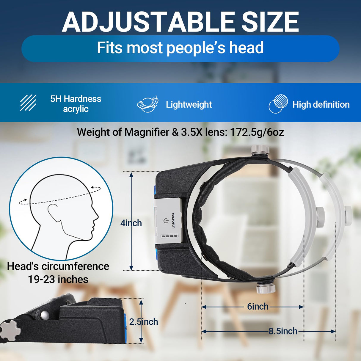YOCTOSUN Headband Magnifying Glass with Light, Rechargeable Magnifying Glasses for Close Work, 1.5X-3.5X Head Magnifier with 4 Lenses, Hands Free Magnifier Glass Visor for Jewelers, Crafts, Hobby