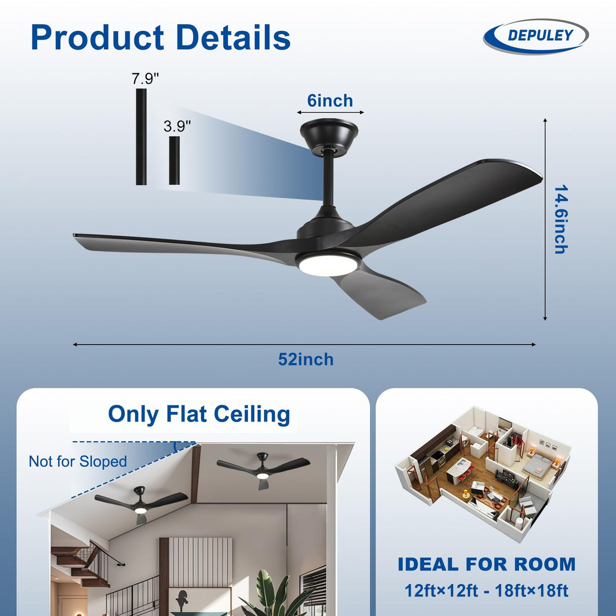 Depuley 52-Inch Ceiling Fan with Light: Black 3 Blade Outdoor Fans for Patios - Dimmable Indoor Fan with Remote Control Living Room Fandelier Ceiling Fans Ultra Quiet DC Motor Reversible 6 Speed Timer