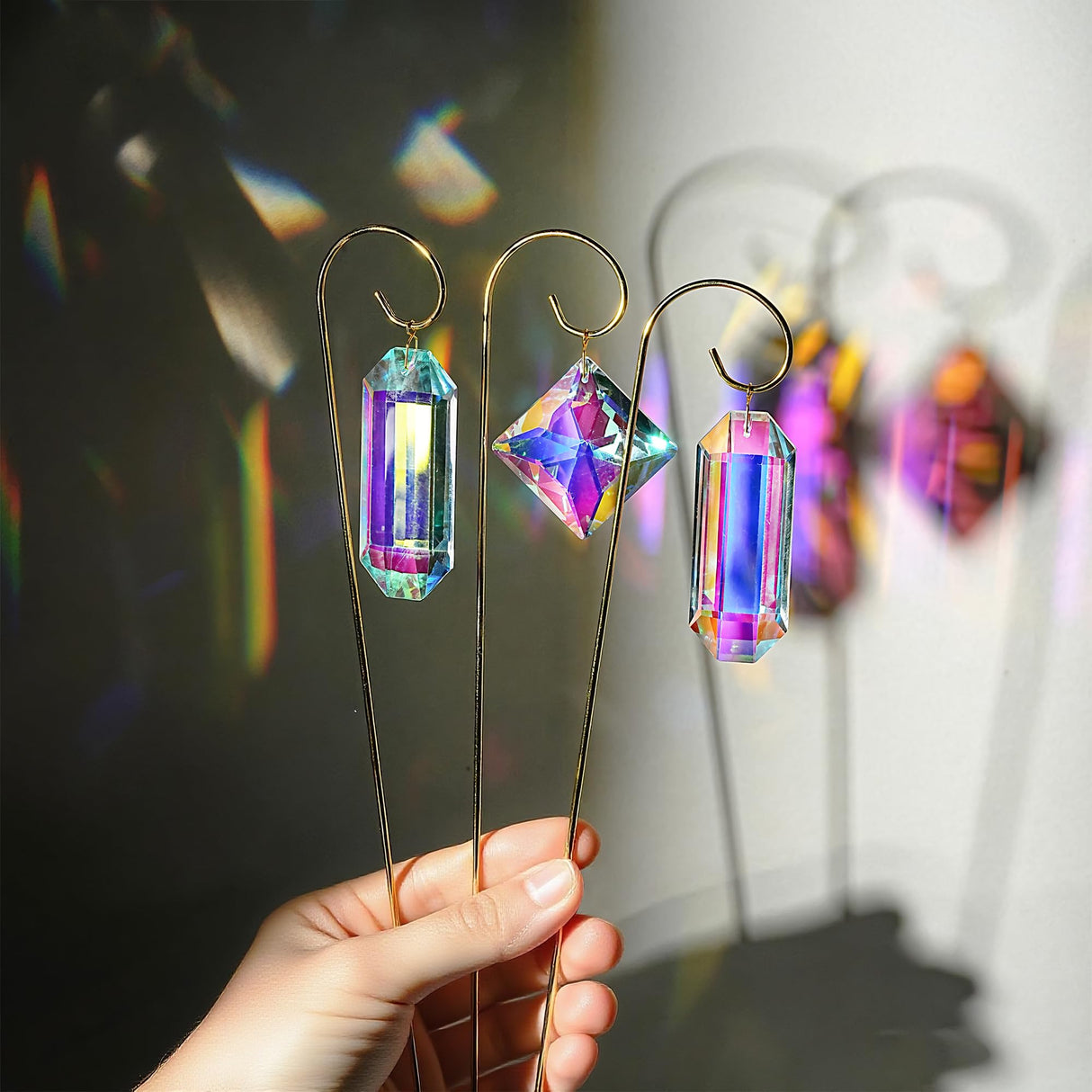 7 Pcs AB Colored Crystal Suncatcher Small Trellis Golden Plant Potted Stake