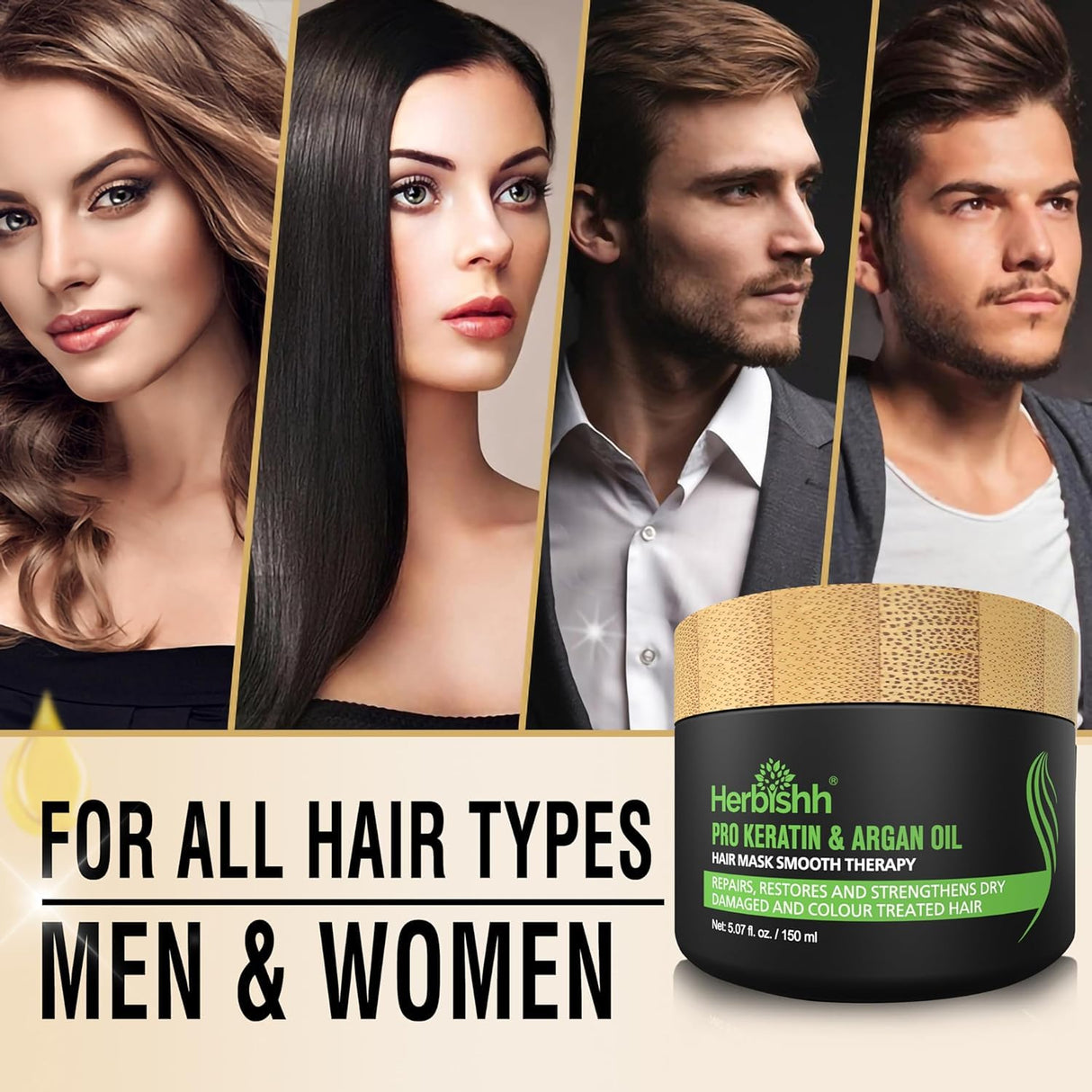 Combo Pack - Herbishh Dark Brown Hair Dye Shampoo + Argan Intense Hair Mask - Stimulates Dry, Frizzy Hair - Long-lasting Color in Minutes - 500ml