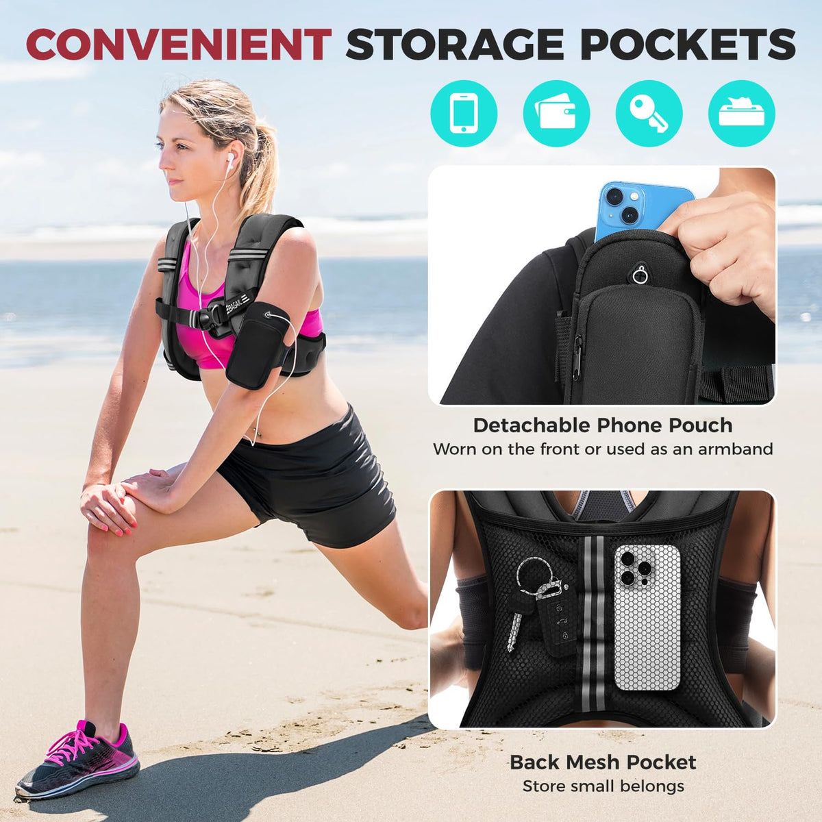 BAGAIL Comfort-Fit Weighted Vest for Woman, Even Weight Distribution, Faster Weight Loss, No-Chafe or Bounce for Walking & Running with Detachable Phone Pouch & Reflective Stripes - 10lb, Black