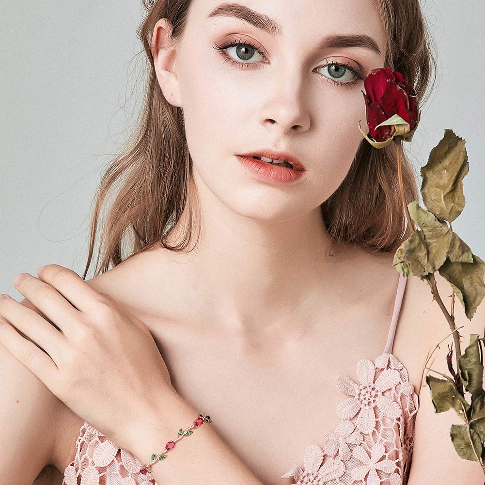 BISAER Mothers Day Gift/Lovely Rose Gold Plated Bracelets with AAA Cubic Zirconia Ruby Flower Emerald Leaf Beautiful Vine Bracelet for Women 7 Inch-Ideal Tennis Bracelets Valentine’s Day Gift