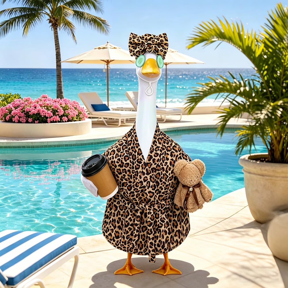 Celltestria Lady Goose Outfits for 23" Geese Bathrobe Brown Leopard Porch Goose Costume Coffee Cup Bear Cucumber Eye Mask Goose Clothes for Outdoor Patio Yard Lawn Garden Decoration