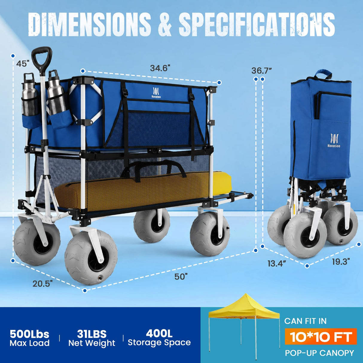 Navatiee 500Lbs Double Decker Wagon, 400L Large Capacity Heavy Duty Beach Cart with 9" Balloon Wheels for Sand, Folding Collapsible Wagon with Side Pocket for Beach, Sport, Camping, Blue