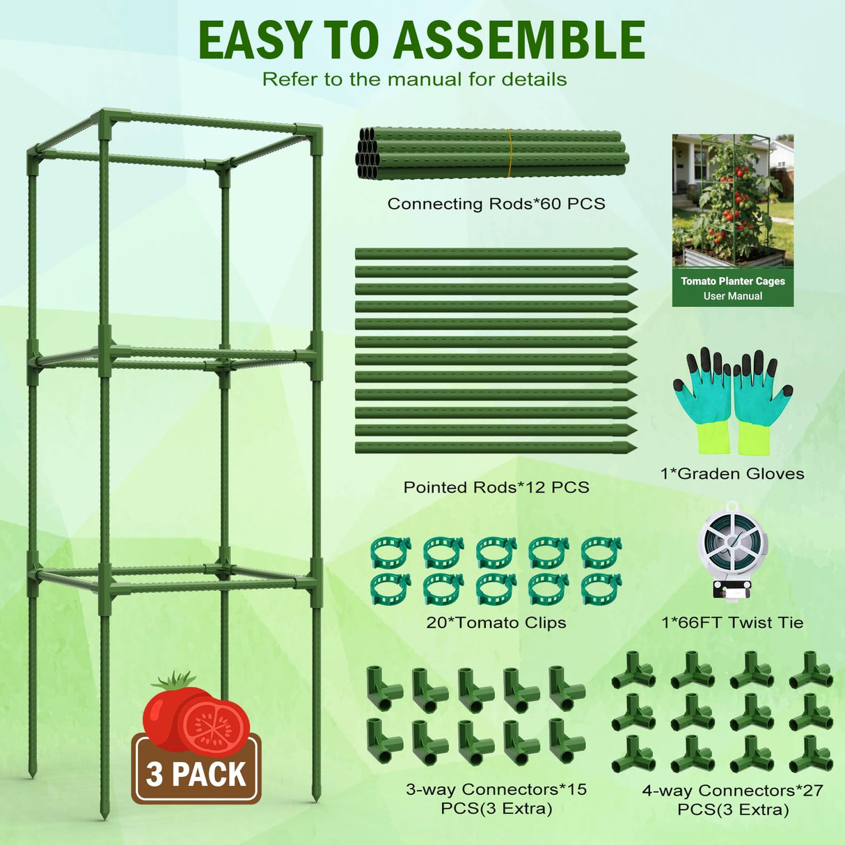 Uyittour 3 Pack Square Tomato Cages for Garden, 50" Heavy Duty Square Tomato Trellis Plant Support Cages for Raised Garden Bed Climbing Vegetables, Set with Garden Gloves, 20 Clips & 65FT Tie Wire
