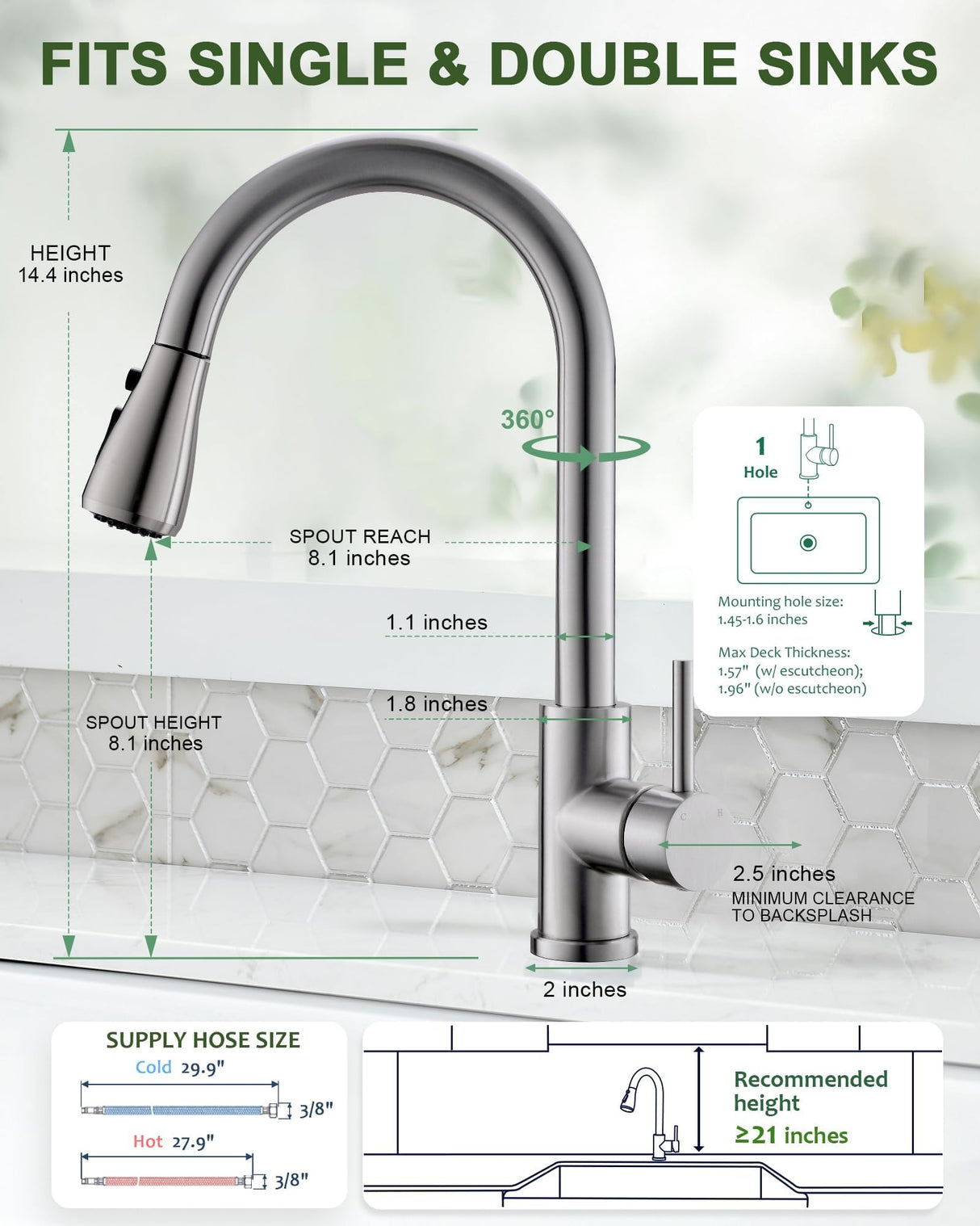 Kitchen Faucet with Pull Down Sprayer, VFAUOSIT Lead-Free Kitchen Sink Faucet Brushed Nickel Stainless Steel High Arc Pull Out Single Hole Kitchen Faucets for Pot Filler, Farmhouse RV Bar Laundry Room