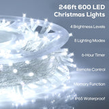 Soiarllt 246FT 600 LED Christmas Lights Outdoor Indoor Waterproof 8 Modes String Lights for Outside Cool White Christmas Tree Lights Plug in for Outside Bedroom Wedding Party Holiday Decorations