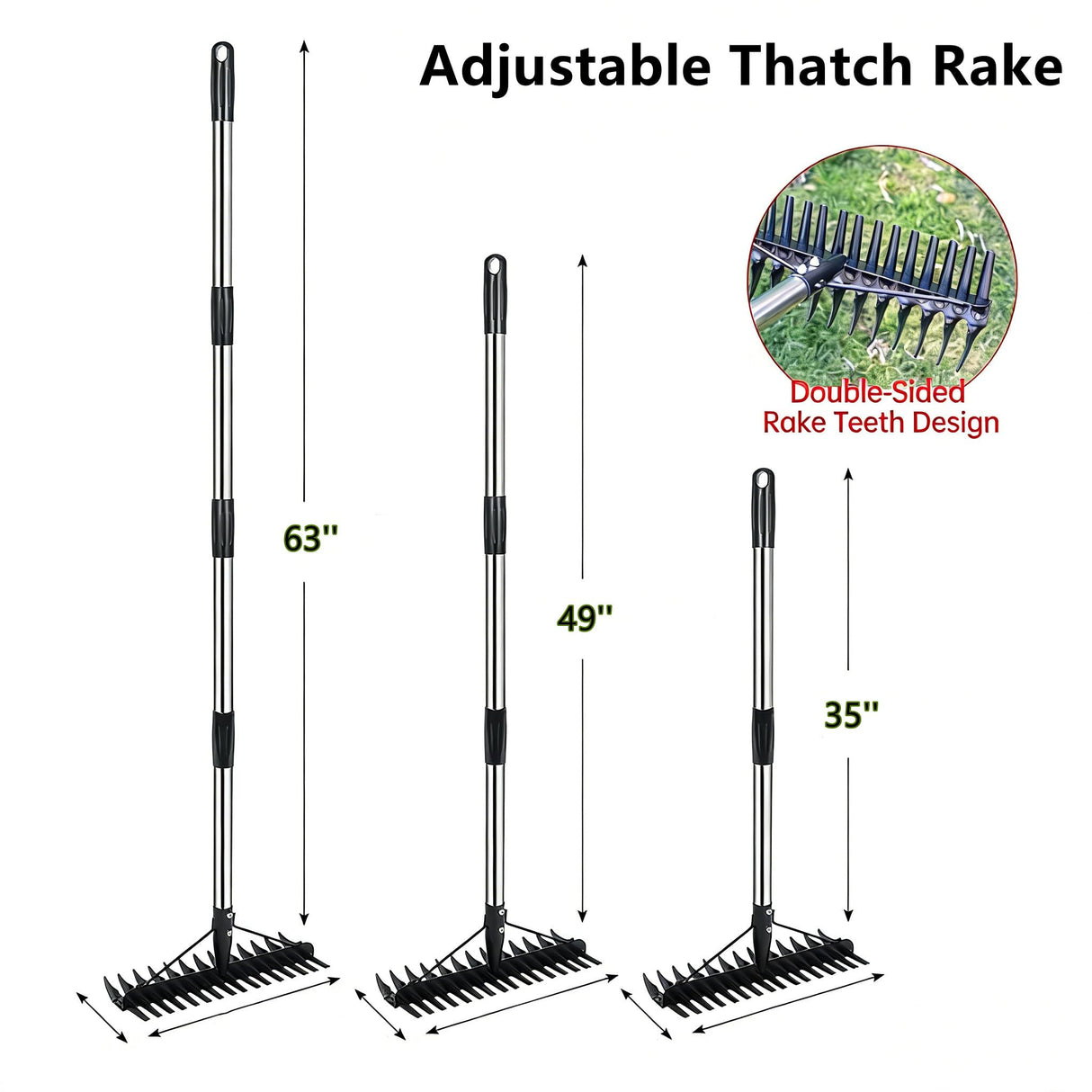 QZTODO Thatch Rake - 63 Inch Dethatcher Rake with Upgraded Dual-Action Tines, Adjustable Efficient Garden Tool for Lawns Dead Grass
