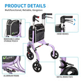 Planetwalk Premium 3 Wheel Rollator Walker for Seniors - Ultra Lightweight Foldable Walker for Elderly, Aluminum Three Wheel Mobility Aid, Brilliant Purple