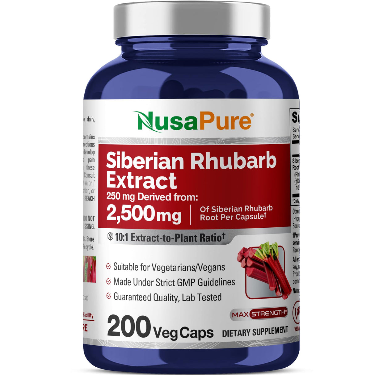NusaPure Siberian Rhubarb 10:1 Extract, 250 mg Equivalent to 2,500mg - 200 Veggie Capsules (Vegetarian, Non-GMO, Vegan)