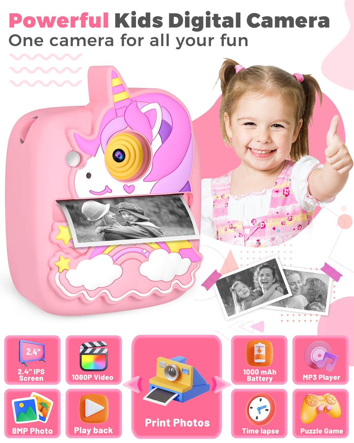 YTETCN Instant Print Camera for Kids 3-12 Years - Kids Camera with 32G SD Card & 3 Rolls Paper, 48MP Photo & 1080P Video, Christmas Birthday Gifts for Toddler Girls Boys