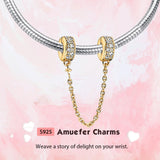 Amuefer Safety Chain Charms for Bracelets 925 Sterling Silver with Cubic Zirconia Spacer Stopper Birthday Christmas Jewelry Gifts for Women (14K Gold Plated Sparkling Crystal)