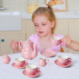 TUZT Porcelain Tea Party Set for Little Girls, Kids, Toddlers - 13Pcs Pink Heart Ceramic Set with Pot, Cups, Saucers & Carrying Case - Pretend Play Kitchen Toys - Christmas Birthday Gift for Girls