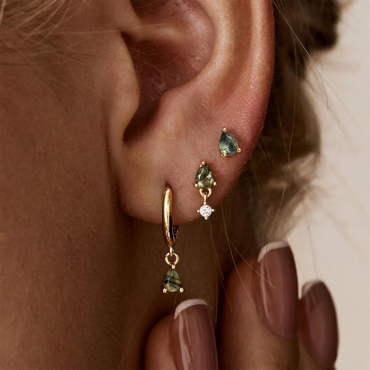 Moss Agate Gold Earrings for Women Set Stud Earring Stacks 14k Gold Plated Hypoallergenic Huggie Hoop Earrings Set Green Gemstone Dangle Earring Golden Jewelry Gifts For Women