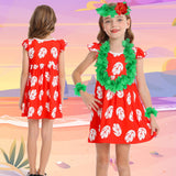 Benylion Hawaiian Dress for Girls Red Leaf Dress With Flowers Hairpin Summer Dresses Halloween Christmas Costumes Party Wear 7-8 Years