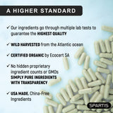 SPARTIS Certified Organic Sea Moss Capsules 2250mg Wildcrafted Irish Sea Moss Burdock Root Bladderwrack Supplement Raw Seamoss Pills & Powder (Pack of 1 at 180-Caps)