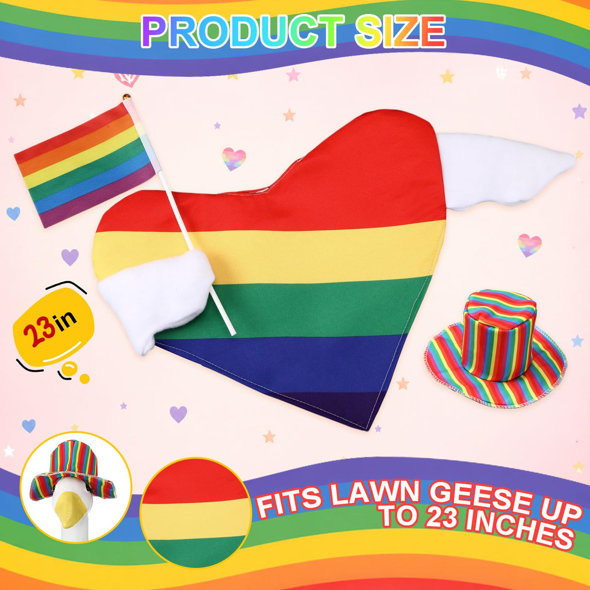 JolliLudo Rainbow Pride Porch Goose Outfit for LGBTQ Pride Month Goose Dress Clothes with Stripes Top Hat and Flag Costume for 23" Gooses Statue Decoration Patio Yard Garden Lawn Outdoor Decors