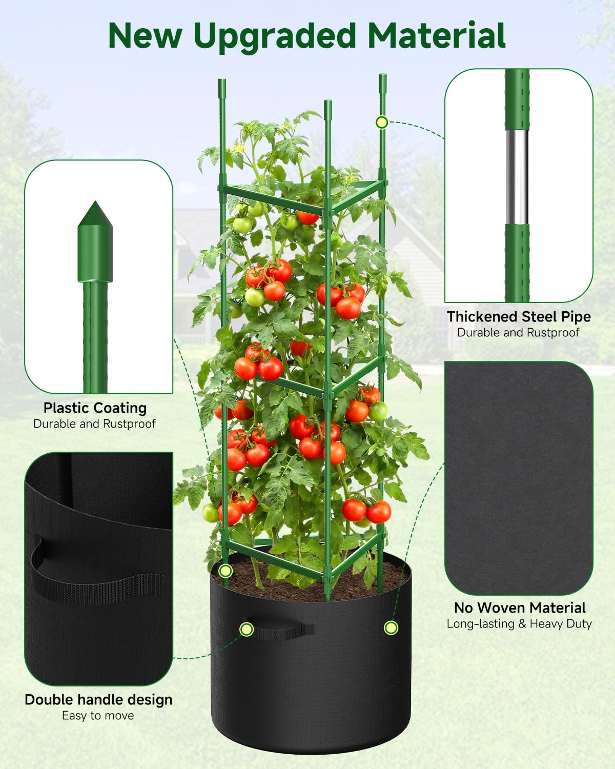 MQJIAZHI 4 Pack Tomato Trellis Cages 55 Inch Height, with 17 Gallon Square Grow Bags, Heavy Duty Tomato Plant Support Stakes for Outdoor Garden Climbing Vegetables Fruits Flowers