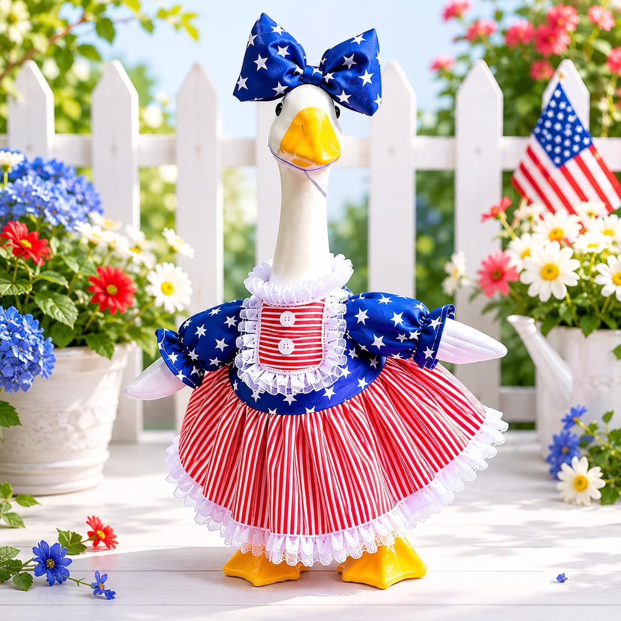 Mysense 4th of July Porch Goose Outfit for 23 Inch Goose Statue, Patriotic Red White Blue Goose Clothes with Bow for Outdoor Garden Patio Decor, USA 250th Anniversary Merchandise
