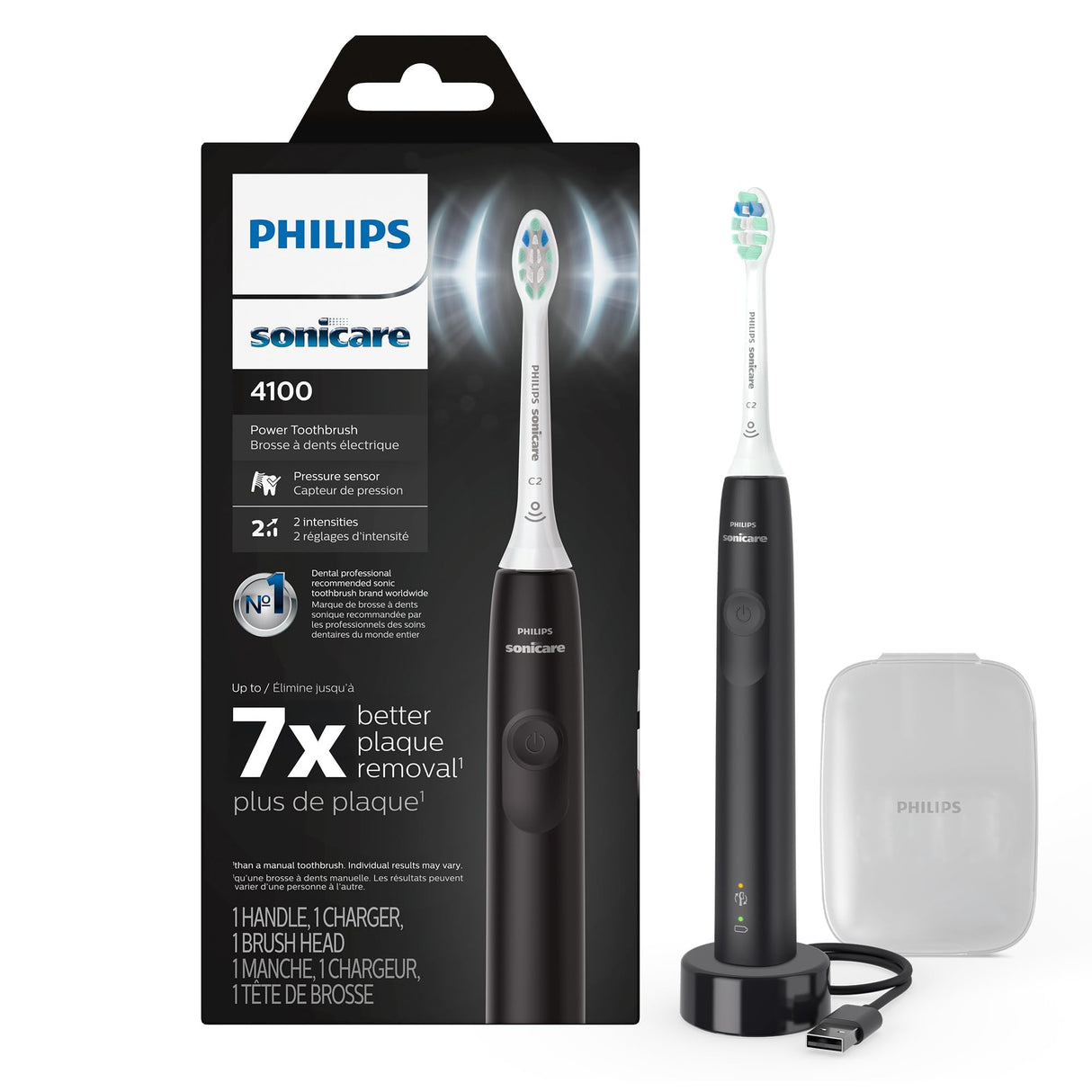 Philips Sonicare 4100 Rechargeable Electric Toothbrush, Advanced Plaque Removal, Pressure Sensor, Includes Brush Head Case, Black BD5003AZ