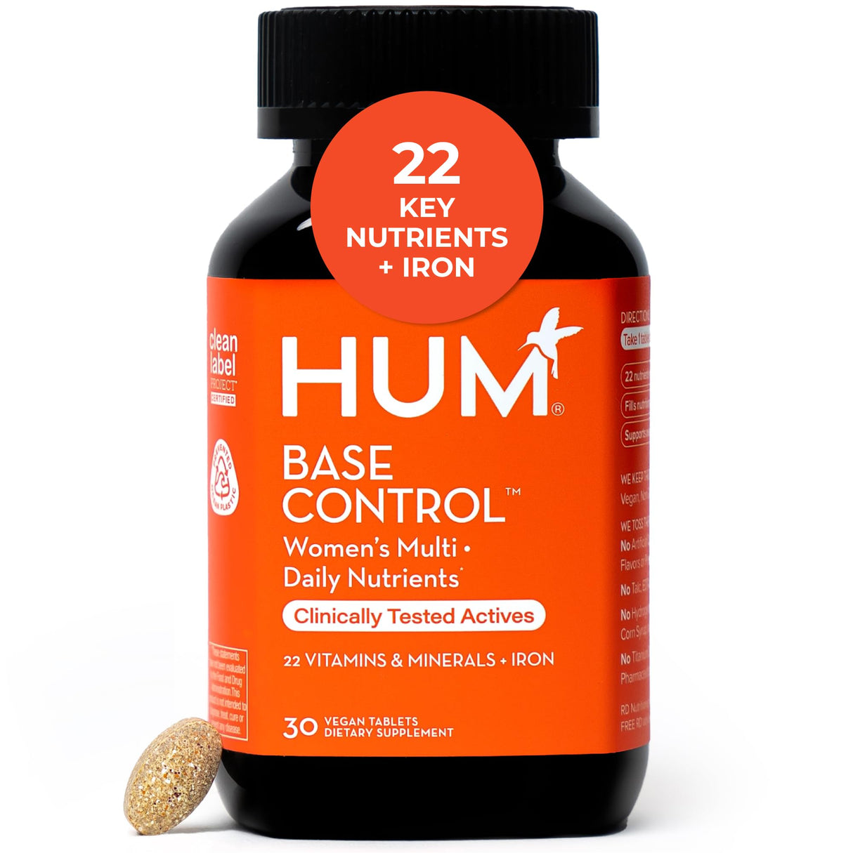 HUM Base Control - Daily Women's Multivitamin & Minerals w/B Complex, Vitamin C, 22 Micro-Nutrients + Iron & Biotin to Support Pre-Menopause Women - Non-GMO & Gluten-Free (30 Tablets)