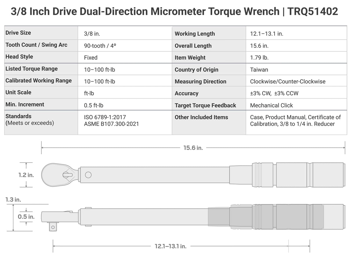 TEKTON 3/8 Inch Drive 90-Tooth Dual-Direction Micrometer Torque Wrench (10-100 ft-lb) | TRQ51402