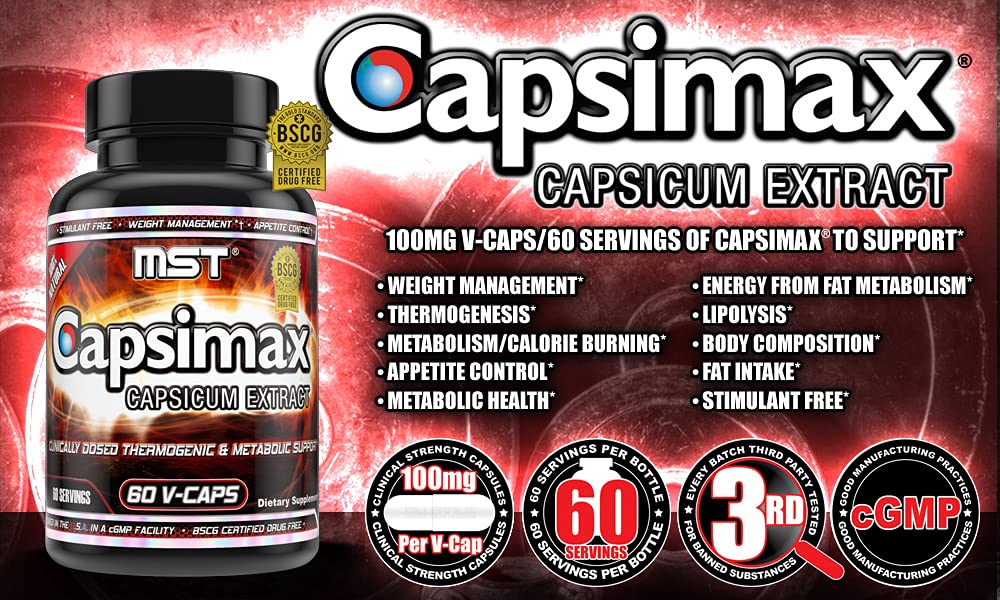 MST Capsimax Supplement 100mg V Capsules, 60 Servings Clinically Dosed Weight Management, Thermogenic, Appetite Control, Calorie Burning, Metabolic Health, Stimulant Free. BSCG Certified