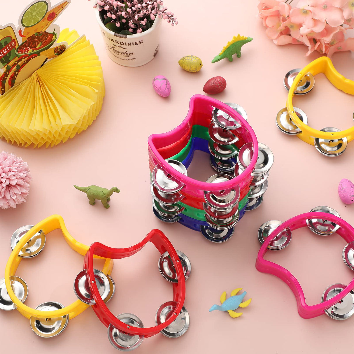 Yeshone 30 Pack Tambourine for Kids Adult Tamborines Musical Instrument Noise Makers 4 Bells Handheld Tambourines for Back to School Supplies Church Wedding Operation Christmas(Multicolors)