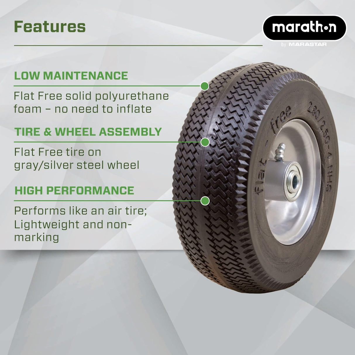 Marathon 00026 Flat Free 2.80/2.50-4 Tire and Wheel Assembly, 3” Centered Hub, 1/2” Ball Bearings, Replacement Tire for Casters, Utility Carts and Other Equipment, Easy Install Assembly