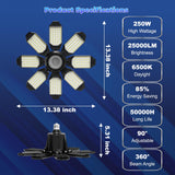 POLARPRA Garage Lights - Super Bright 250W LED Garage Ceiling Light w/ 8 Deformable Panels 6500K Led Light Bulb Srew in E26/E27 Socket with Adjustable Center Spotlight for Barn Workshop Attic - 4Pack