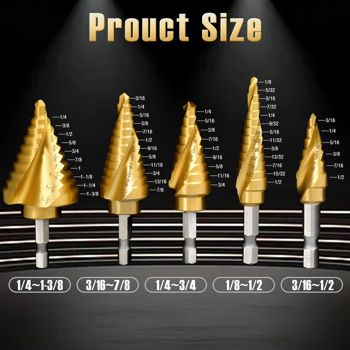 Step Drill Bit Set for Metal- 5PCS Titanium 4241 HSS Step Bit with Two Straight Flutes, 50 Sizes from 1/16" to 1-3/8" for Aluminum, Wood & Plastic, Unibit for Electricians & DIY