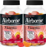 Airborne 750mg Vitamin C Gummies for Adults, Immune Support Supplement with Powerful Antioxidants Vitamins A C & E - 2x63ct Bottles (126 Gummies), Assorted Fruit Flavor