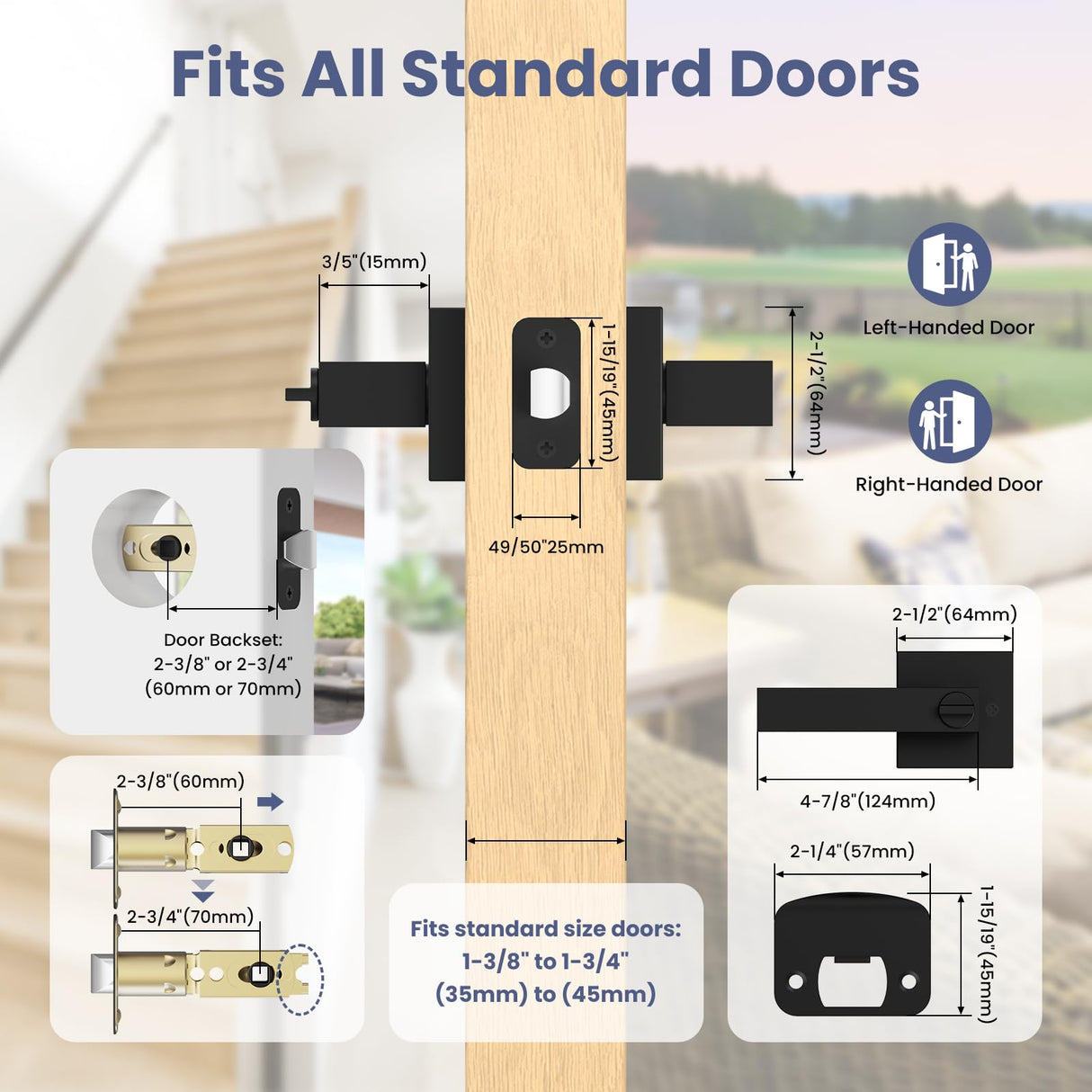 Estmoon 5 Pack Matte Black Door Handles Interior Door Knobs, Keyless Privacy Bedroom Door Lock, Heavy Duty Zinc Alloy Home Improvement Door Leverset for Bedrooms Bathrooms