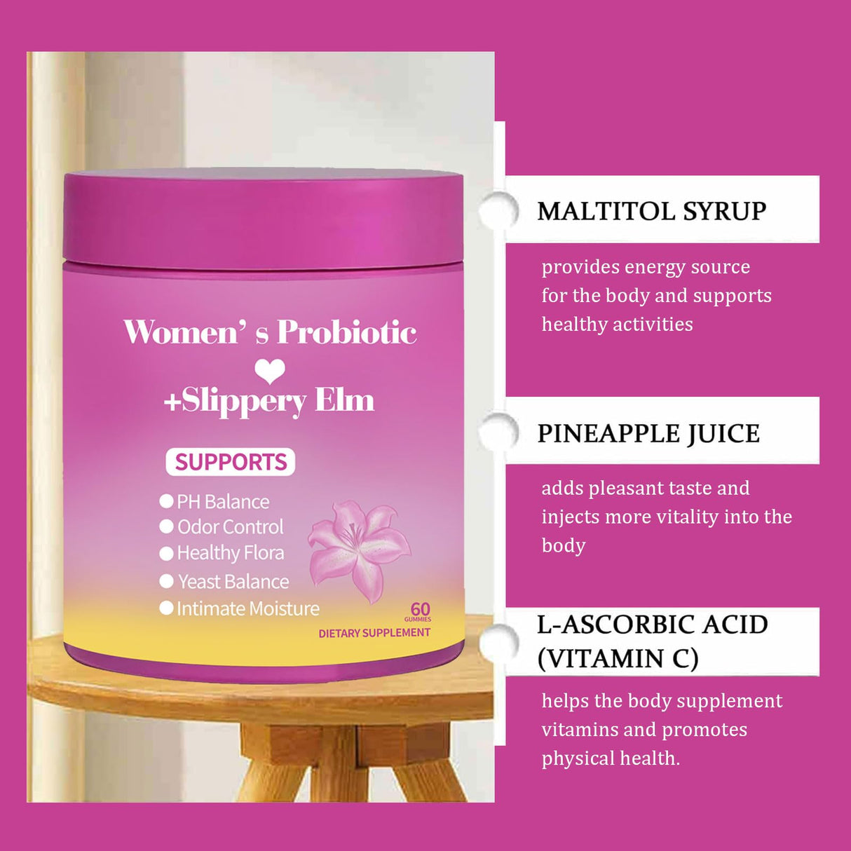 MILIZHIWU Feminine Probiotics Gummies for Women - Supports PH Balance, Gut Health & Immune System with Slippery Elm, Prebiotics & Lactobacillus Blend, Pineapple Flavor, 60 Gummies