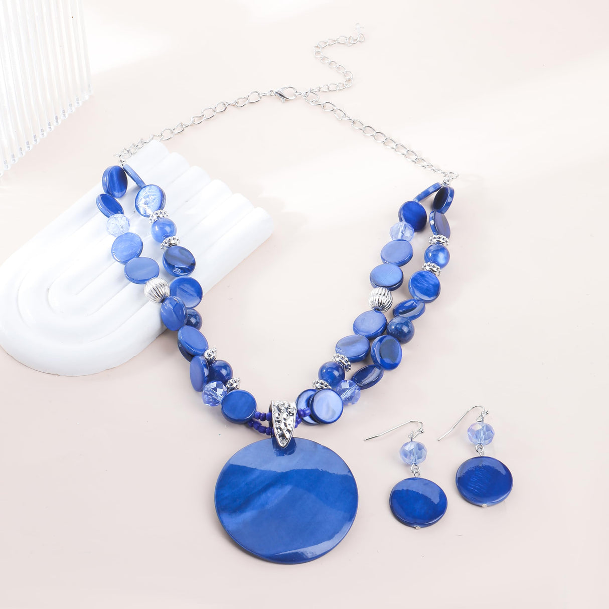 Xalroco Blue Layered Beads Statement Necklace for Women Big Colorful Glass Stone Circle Shell Pendant Necklace and Earring Set for Women