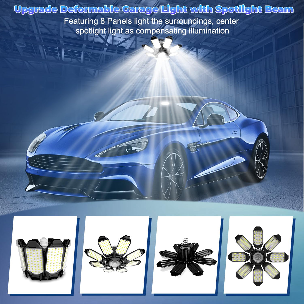 POLARPRA Garage Lights - Super Bright 250W LED Garage Ceiling Light w/ 8 Deformable Panels 6500K Led Light Bulb Srew in E26/E27 Socket with Adjustable Center Spotlight for Barn Workshop Attic - 4Pack