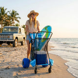 Beach Cart Balloon Wheel Deluxe Heavy Duty Folding Ocean Utility 13” x 7” Sand Wheels Holds 4 Folding Chairs Umbrella Holder Removable Beach Bag Blue Striped Pattern