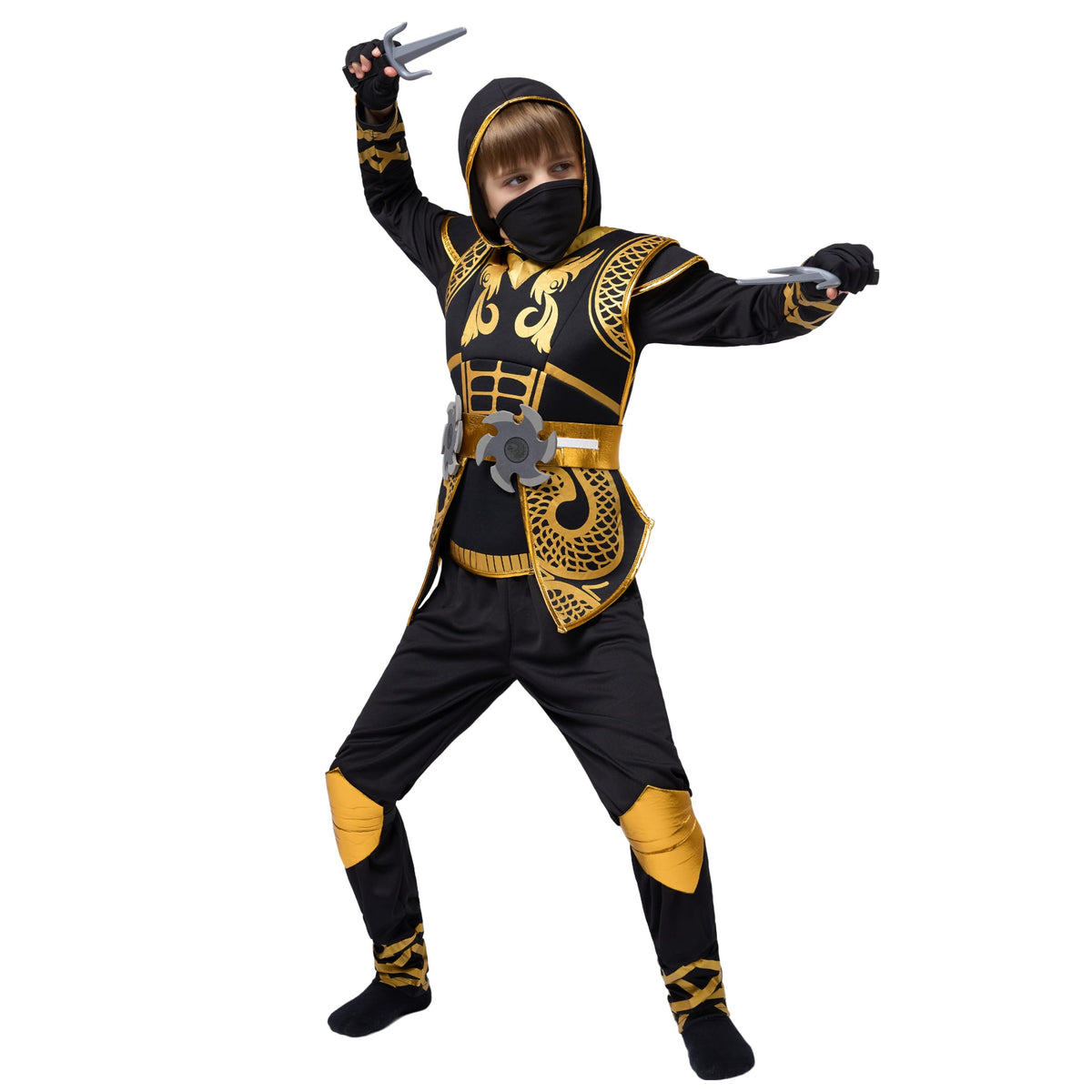 Spooktacular Creations Golden Ninja Costume Set, Ninja Jumpsuit with Foam Accessories for Kids, Toddler Halloween Outfit for Ideas Cosplay Party (Medium, 8-10 yrs)