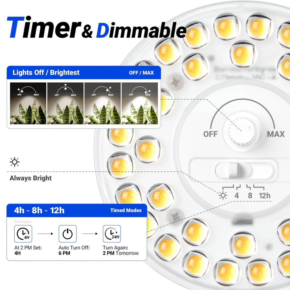 Barrina Orbgrow OG11A3 Clip On Grow Lights for Indoor Plants, Integrated Stepless Dimming & Timing, 4000K 33W(3 x 11W, 300 Watt Equiv), Full Spectrum 3-Gooseneck with E26 Plant Light Bulbs