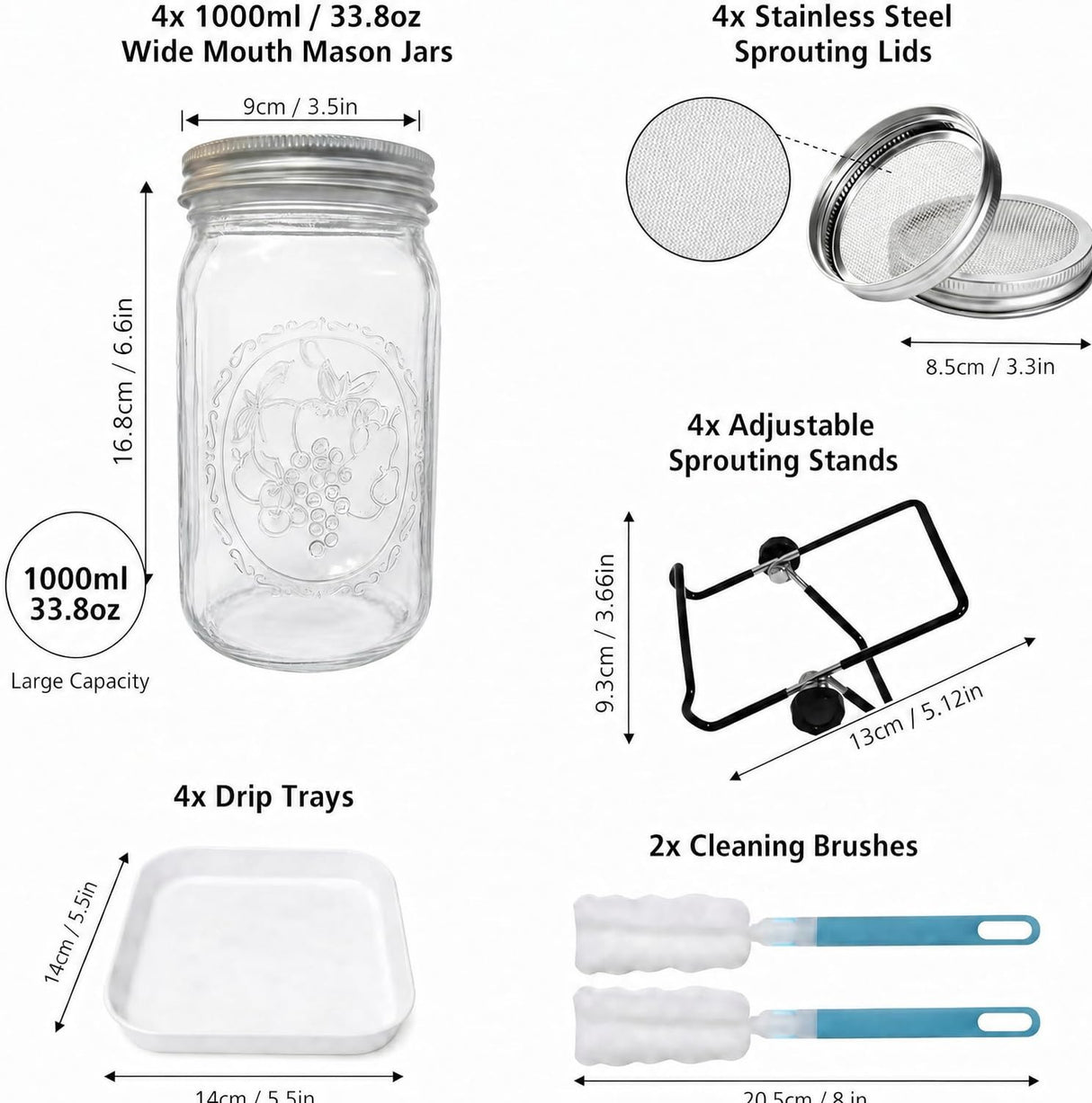4 Large 1000ML Wide Mouth Mason Jar Sprouting Kit, with Stainless Steel Stand, Drain Tray & Cleaning Brush, High Germination for Beans, Broccoli, Fresh Sprouts