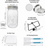 4 Large 1000ML Wide Mouth Mason Jar Sprouting Kit, with Stainless Steel Stand, Drain Tray & Cleaning Brush, High Germination for Beans, Broccoli, Fresh Sprouts