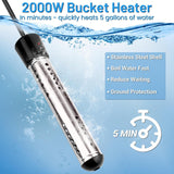 2000W Immersion Water Heater, Portable Water Heater Electric with 304 S S Guard & LCD Thermometer, Submersible Bucket Heater Heat 5 Gallons of Water in Minutes for Home Bathtub Basin