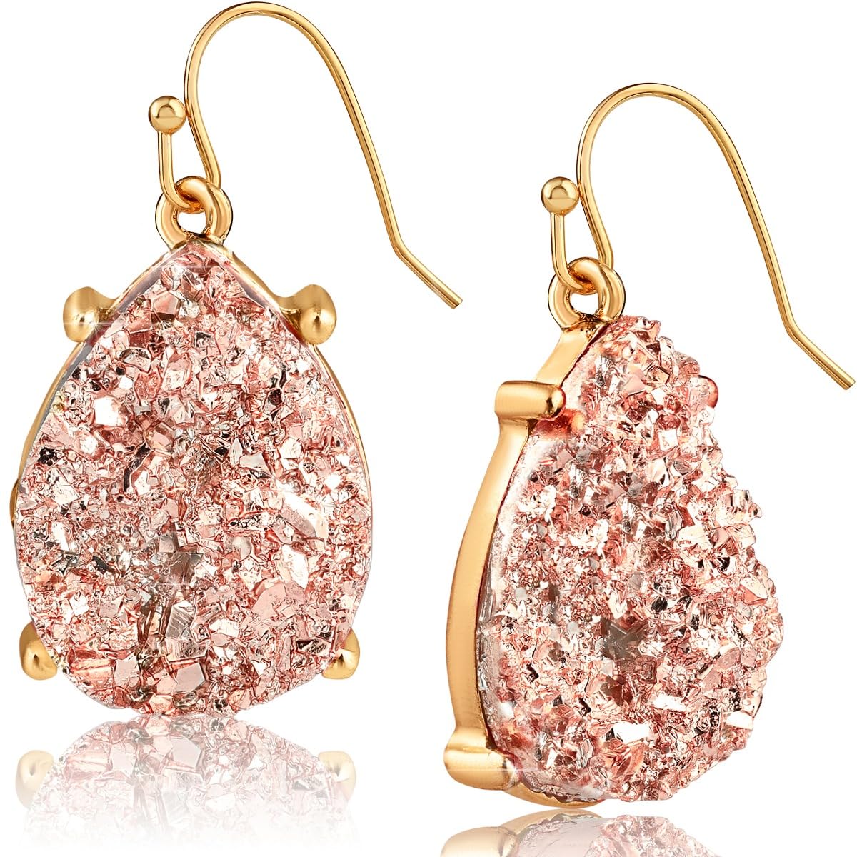 Rose Gold Tone Earrings for Women Dangling, Pink Faux Druzy Teardrop Dangle
