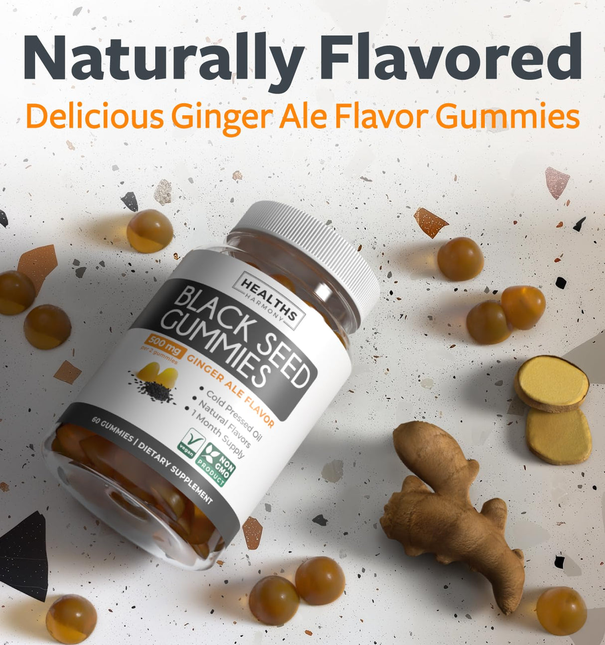 Black Seed Oil Gummies - Natural Ginger Ale Flavor (Non-GMO & Vegan) Cold-Pressed Nigella Sativa Producing Pure Black Cumin Seed Oil - 500mg Per 2 Gummy Serving