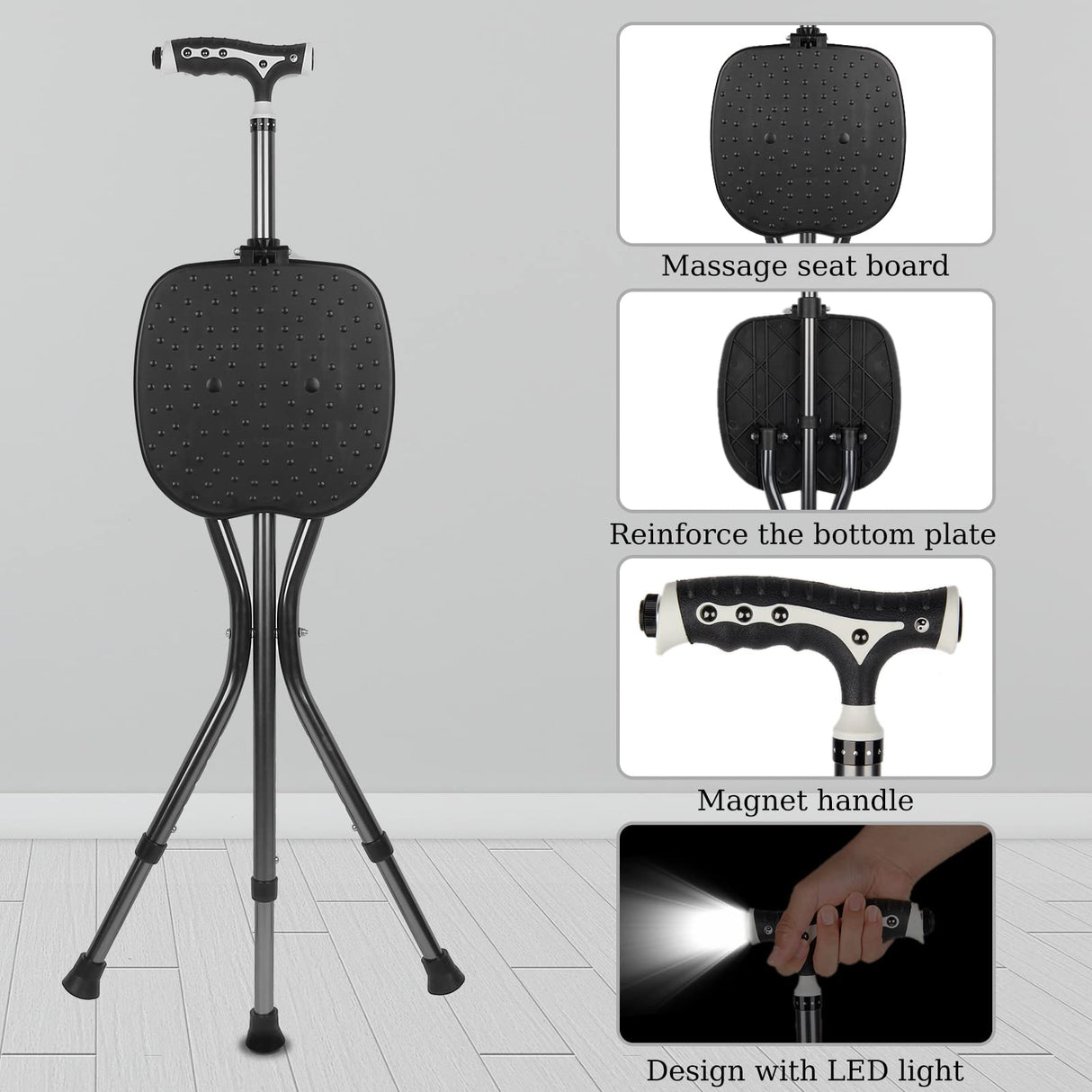 Hold 440 lbs Cane with Seat Combo Aluminum Alloy Portable LED Folding Walking Stick Chair Height Adjustable Heavy Duty Thick Stool Handy Unisex for Elderly Senior Light